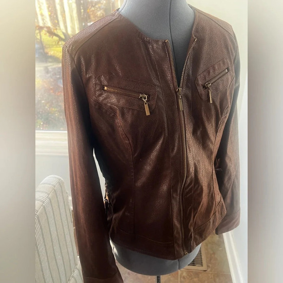 M By Marc Bouwer Sz M Brown Faux Leather Jacket Coat Side Lace up Leopard lining - Picture 3 of 16